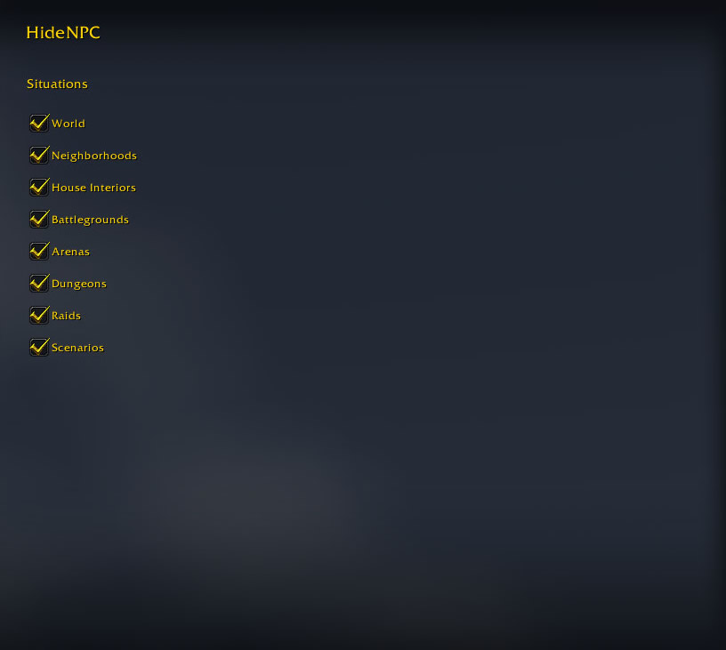 Thumbnail Settings to enable hiding NPC blip icons on minimap for your preferred situations.