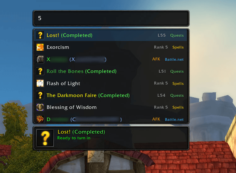 Brannfred Styled Frame showing the Fusszy Golbalsearch showing Results from the Friends, Quest, Spells Provider