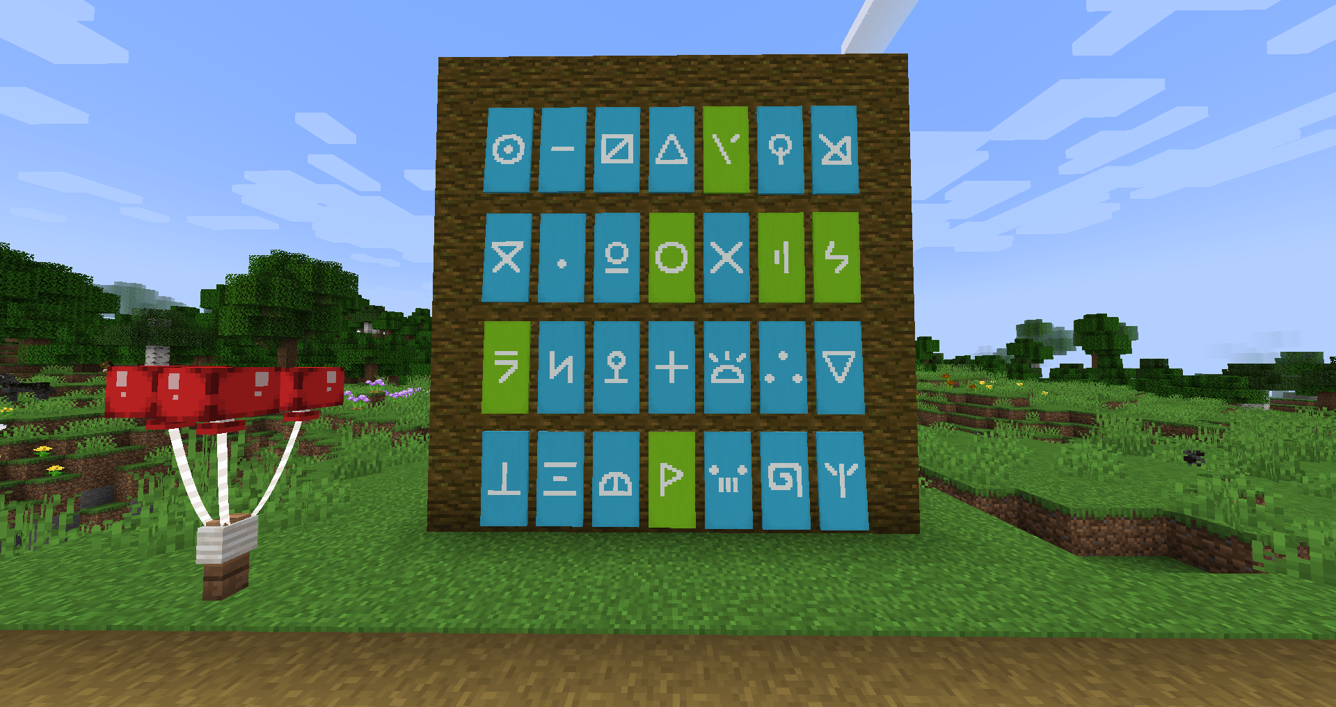 Screenshot of all 28 banner patterns in various colors.
