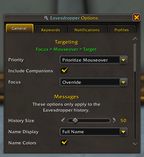 Thumbnail Front and center we see the General panel, where the user can decide their targeting priority and other general options for Eavesdropper.