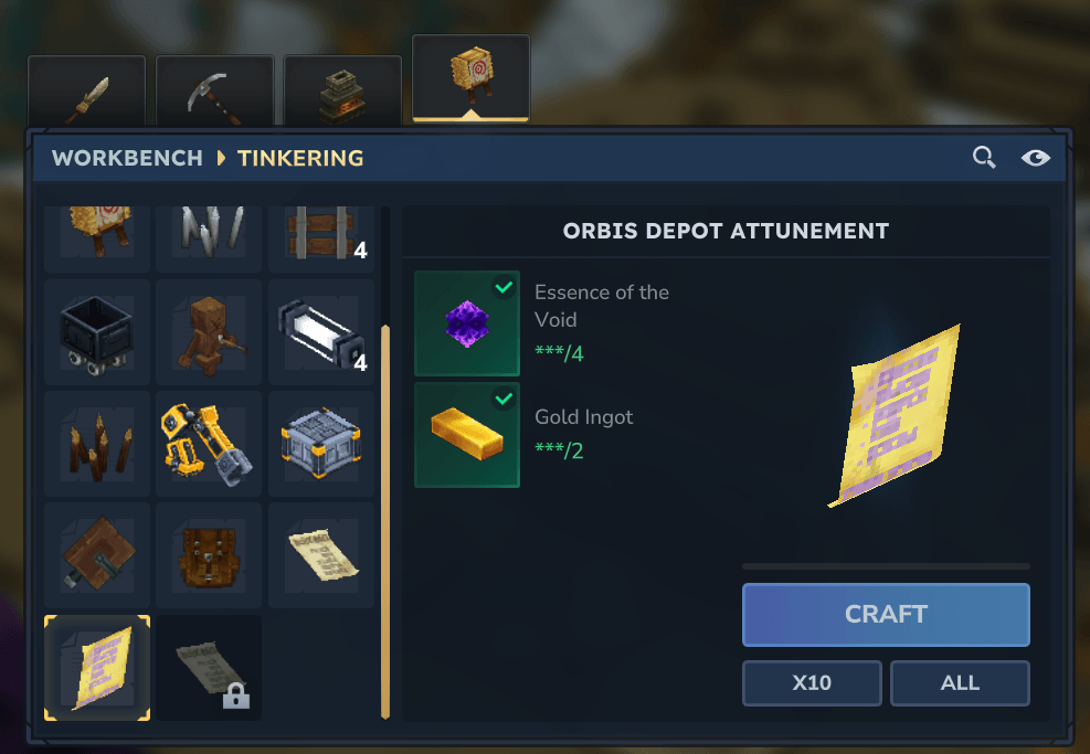 Crafting an Orbis Depot Attunement