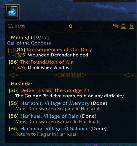 Quest Item Button Frame attached to top left of tracker