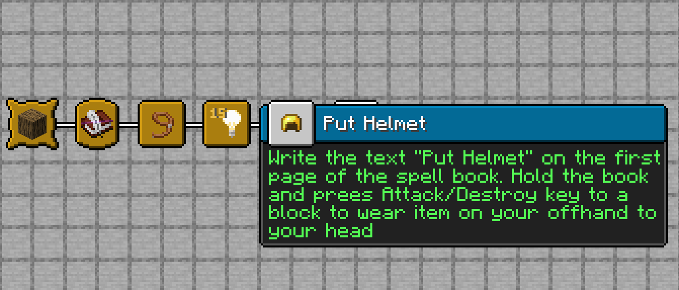 The image shows the feature of equipping offhand slot items to the helmet slot.