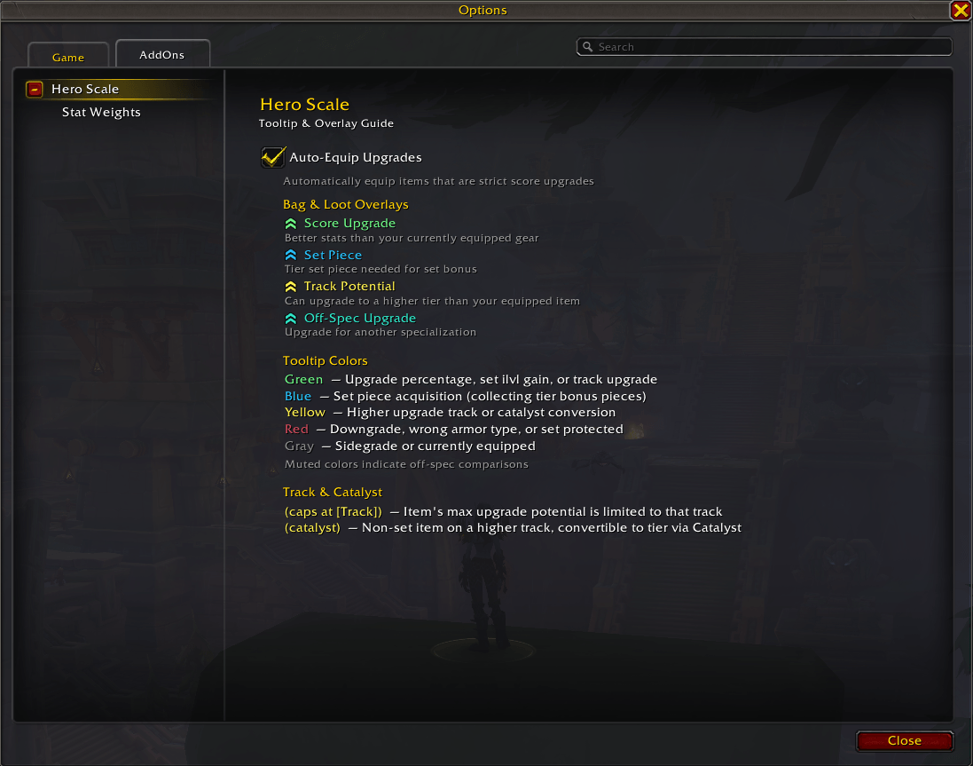 Main options page to enable auto-equip.