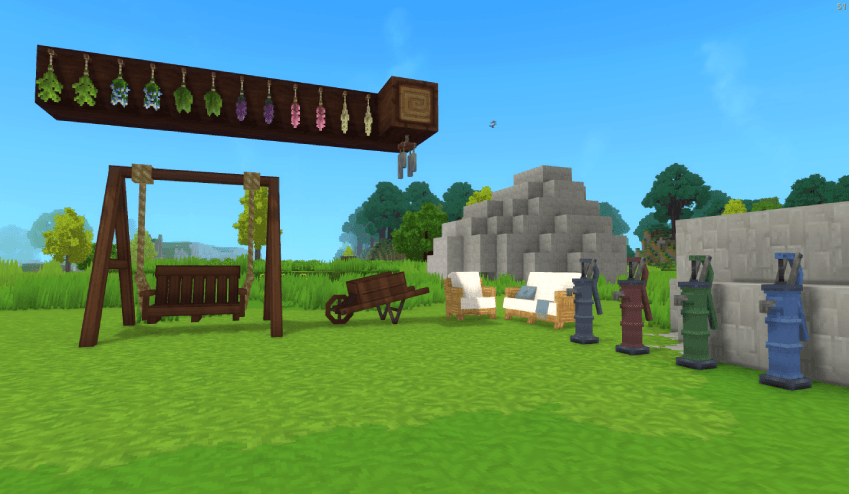 Herbs, bench swing, wheelbarrow, windchimes, garden chair and bench, water pumps
