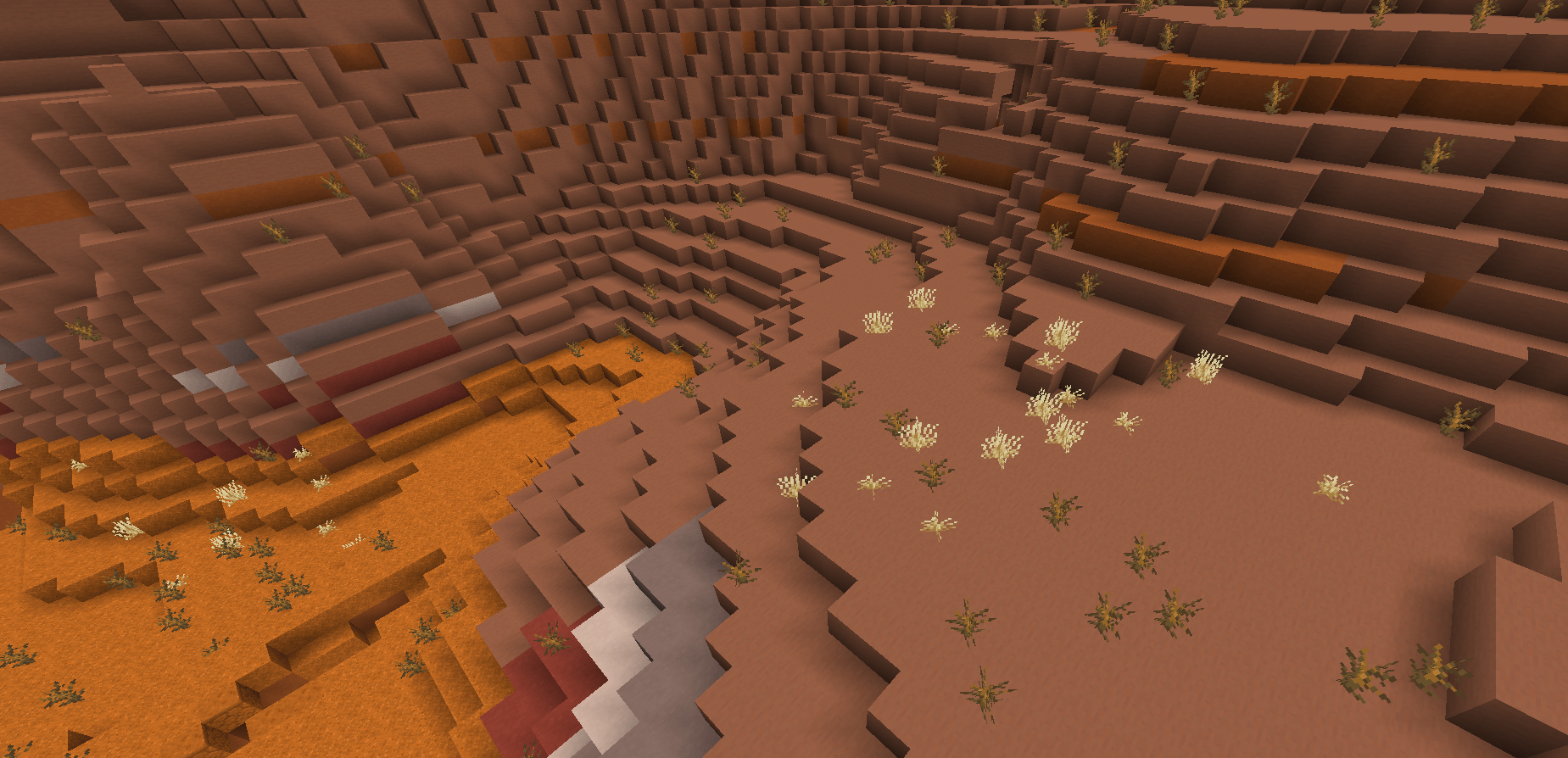 Patches of dry grass generated in a badlands biome