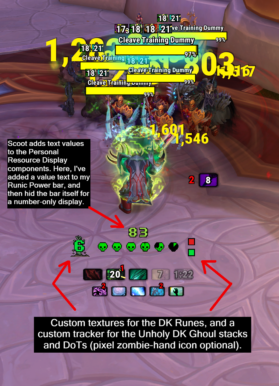 Thumbnail Scoot aims to have custom, retro-themed textures Class Resources and special (Edit Mode anchored) trackers for pre-selected class auras (like the Unholy DK Ghoul Stacks and DoTs, visible here).