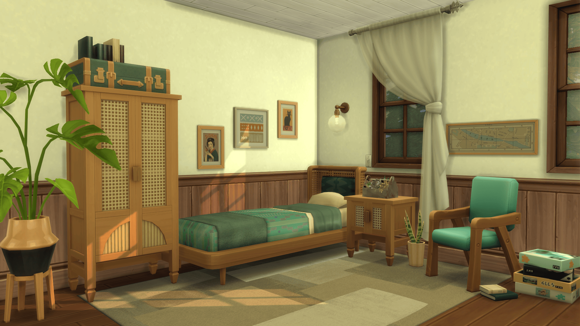 A bedroom with a new single bed, end table and separated decor.