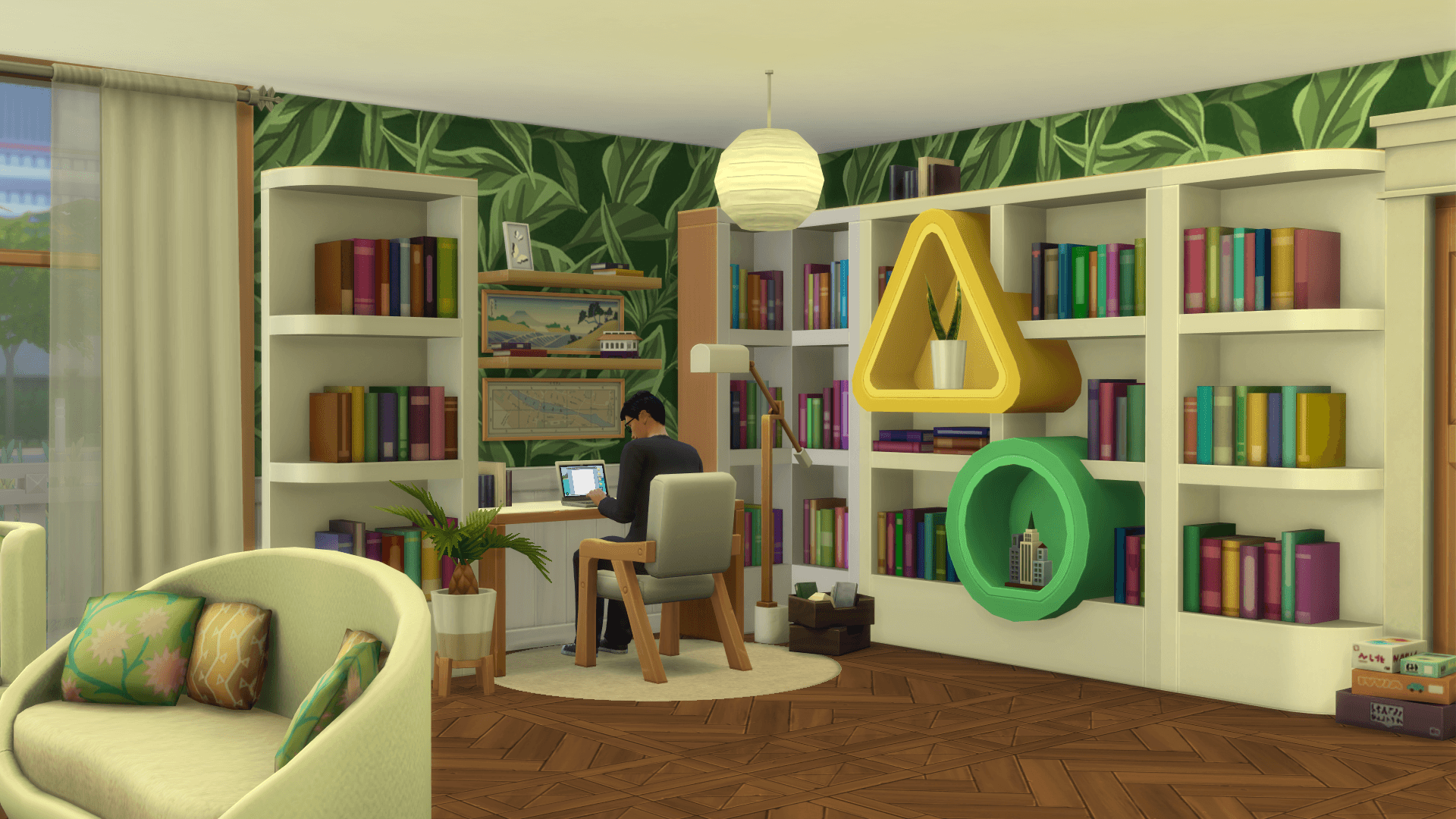 A simple study corner making use of one of the new desks, bookshelf corner piece and loveseat. Also includes various separated clutter