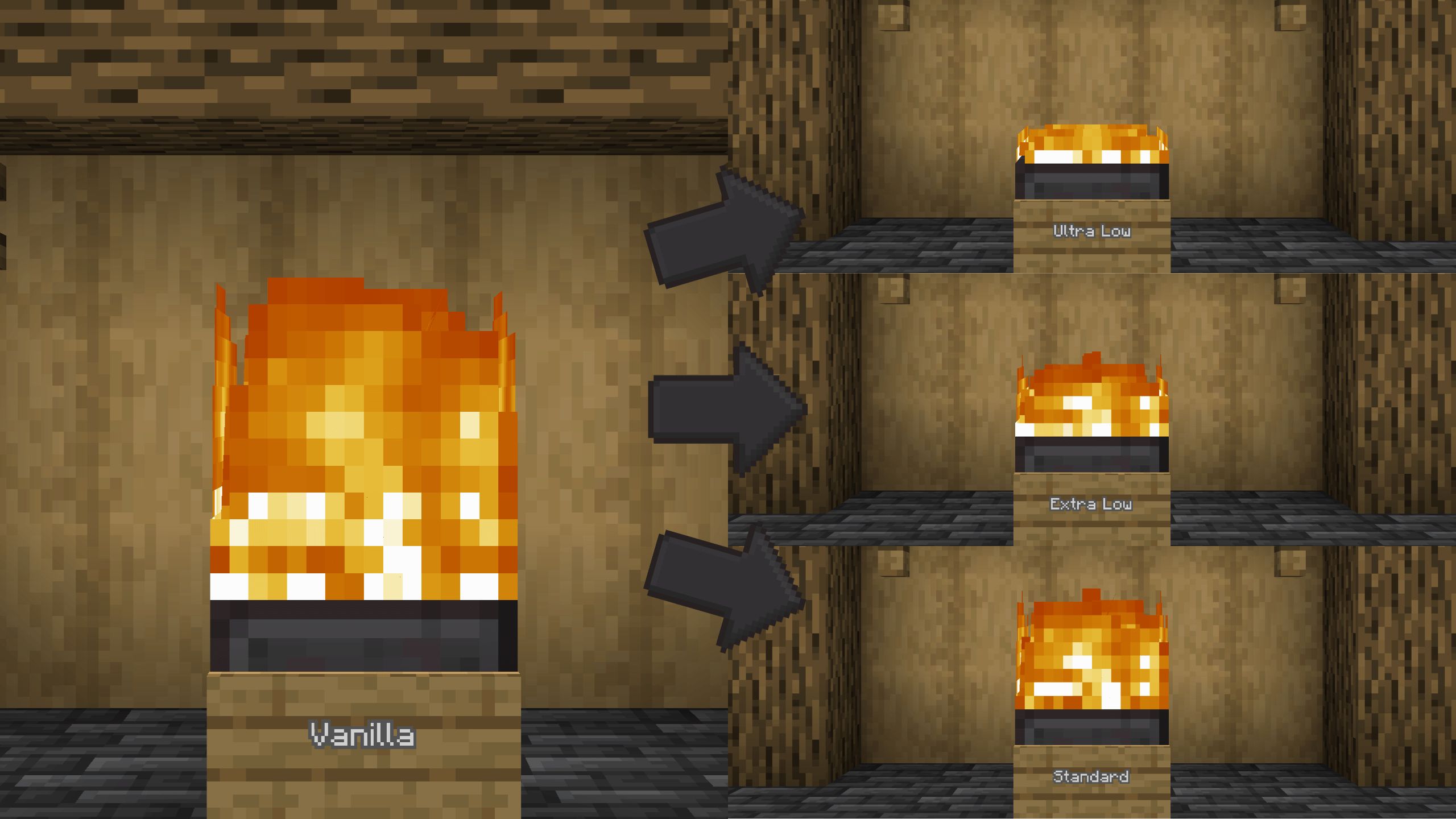 A comparison between the vanilla Minecraft block fire height and the three resource pack fire heights