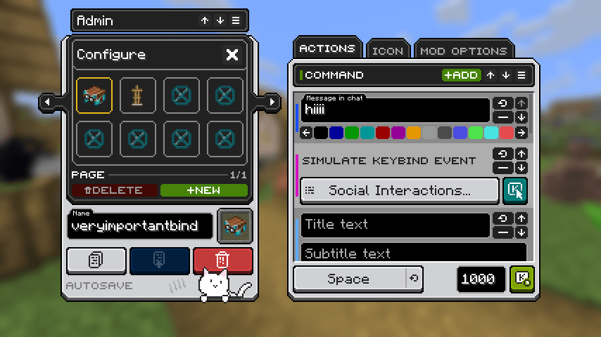 Here you can set up all of your binds. As of version 4.0, the following actions are available: In-game command, Key press emulation, Key Down, Key Up, Simulate key event, Delay (in milliseconds), Repeat following, Local chat message, Title on screen.