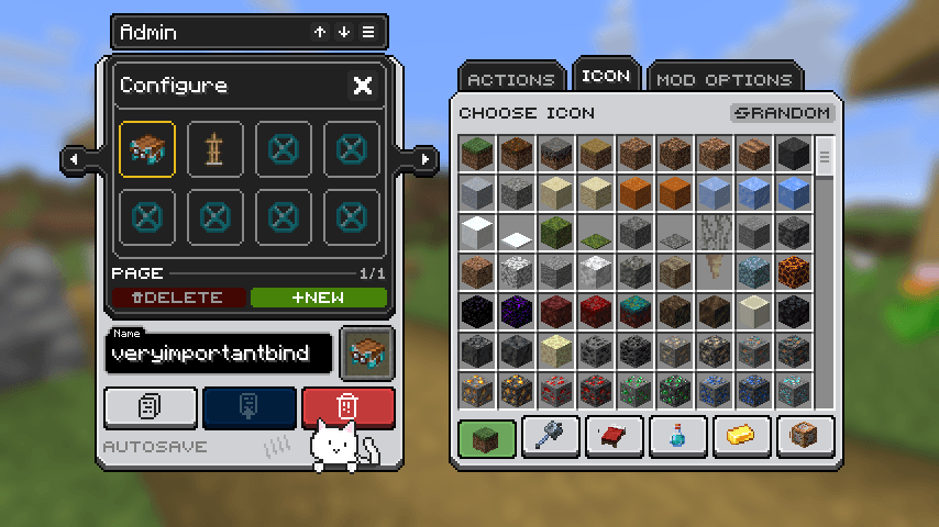 All in-game items are available to choose from as icons. In the last tab, items from other mods will also be displayed.