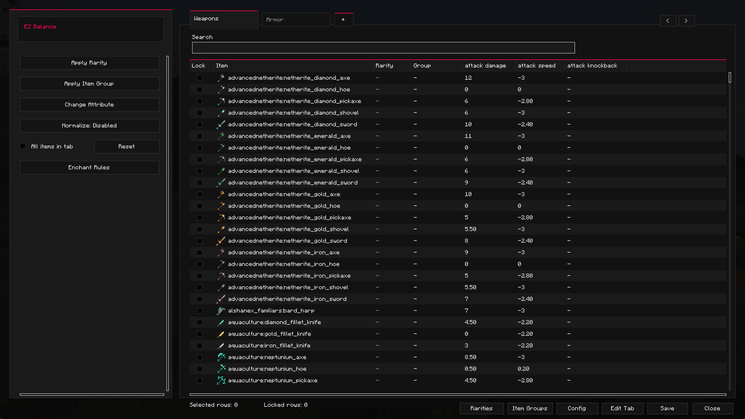 Main GUI showing the item table and core features