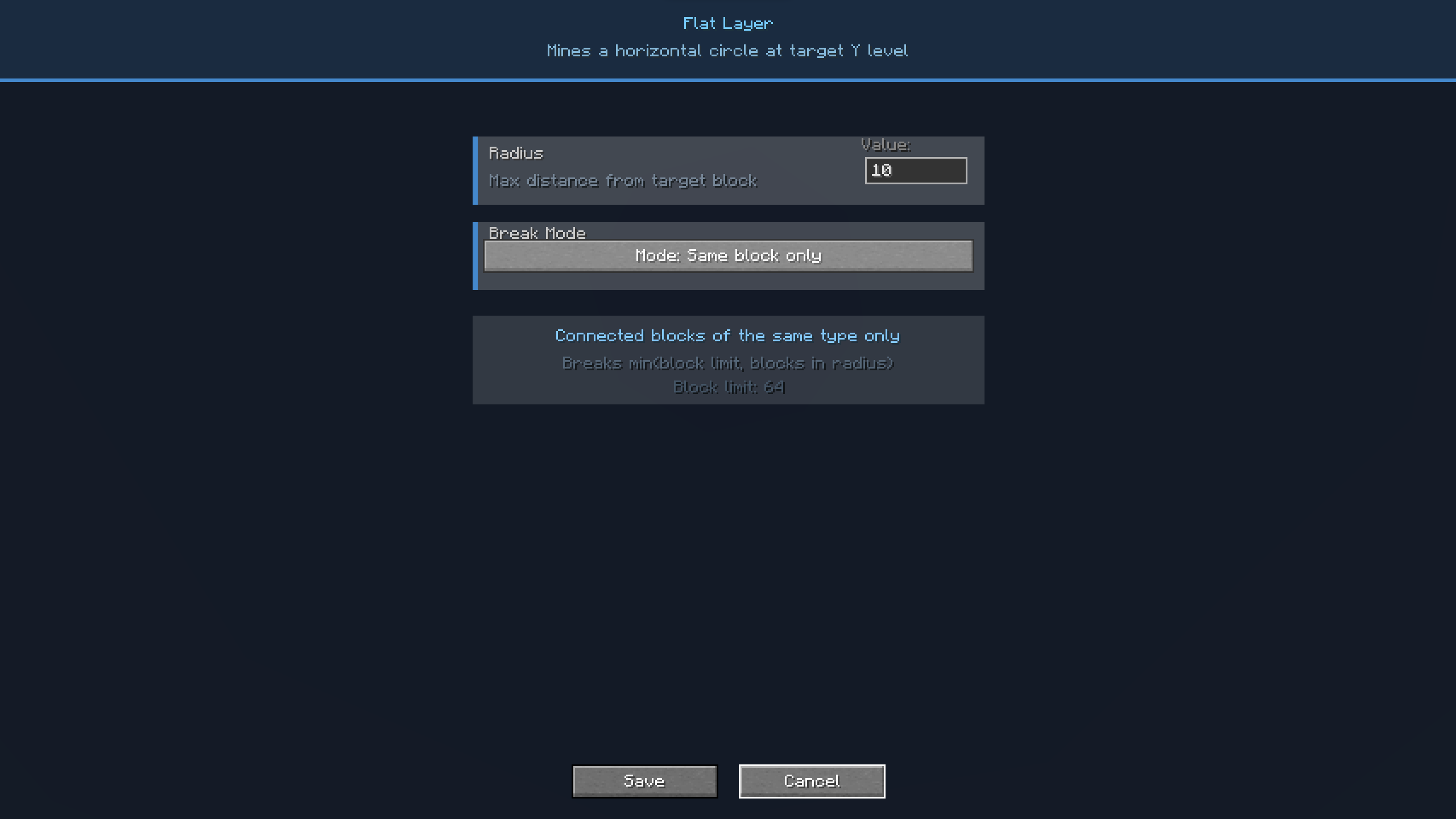 Flat Layer configuration — set radius and break mode