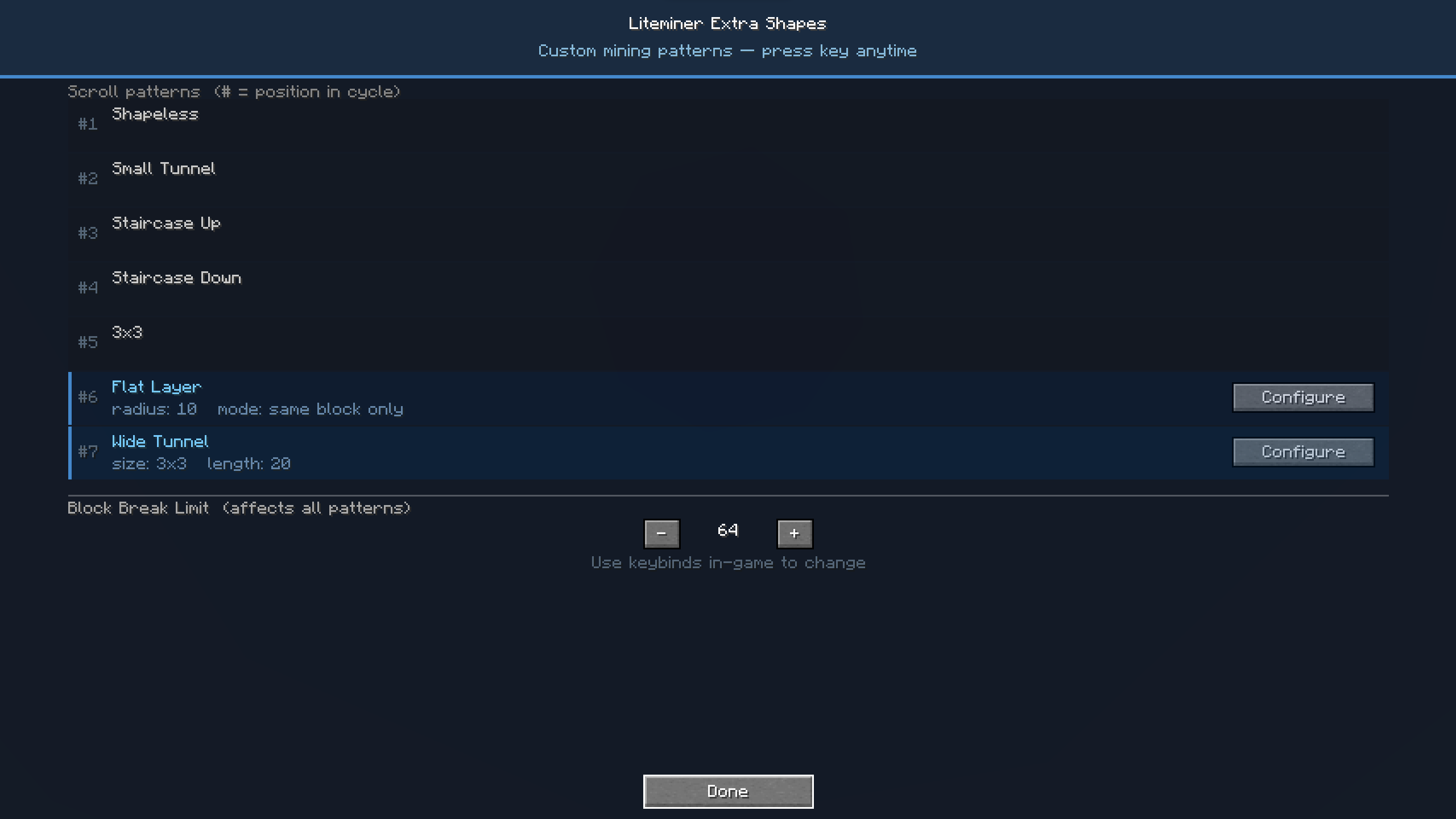 Main GUI menu — browse all patterns and adjust block limit