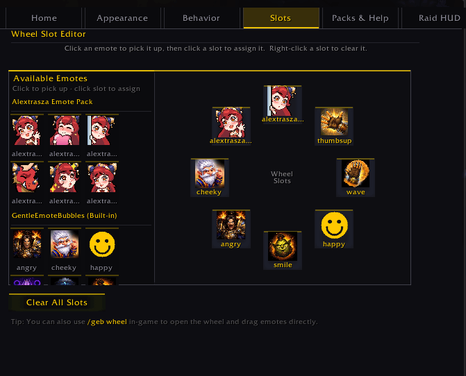 Edit what emotes appear in the wheel from your installed emote packs!