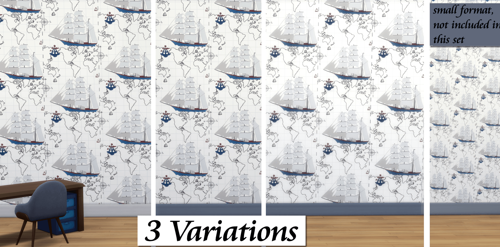 Showing the three variations, also, shows the smaller version (what this design was created for), available in the "Brady Bath & Bedroom" wallpaper pack
