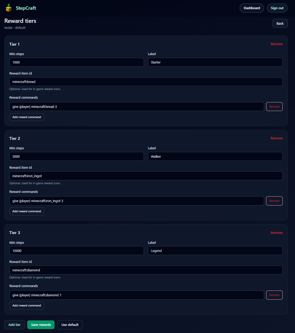 This is how you can edit the reward structure for you server. No need to mess with config files and can be changed from anywhere on the web!