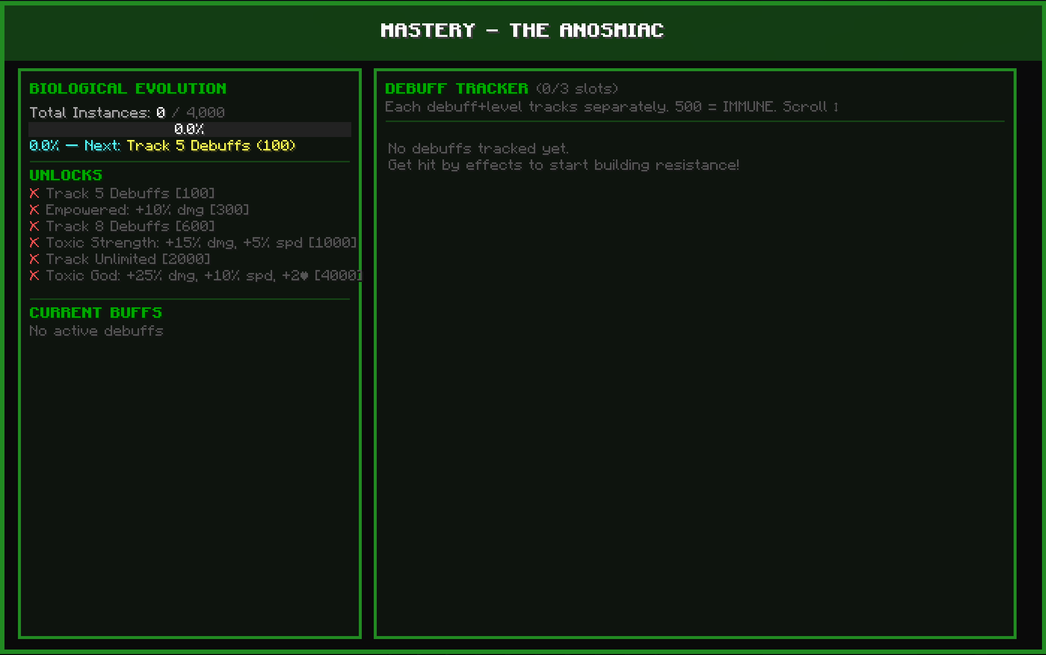 Thumbnail Here is where the anosmiac tracks their debuff instances. When they get poisoned, withered, etc. It will show here, the class goes by instances so when they reach 400 on one debuff they are then immune to that debuff.
