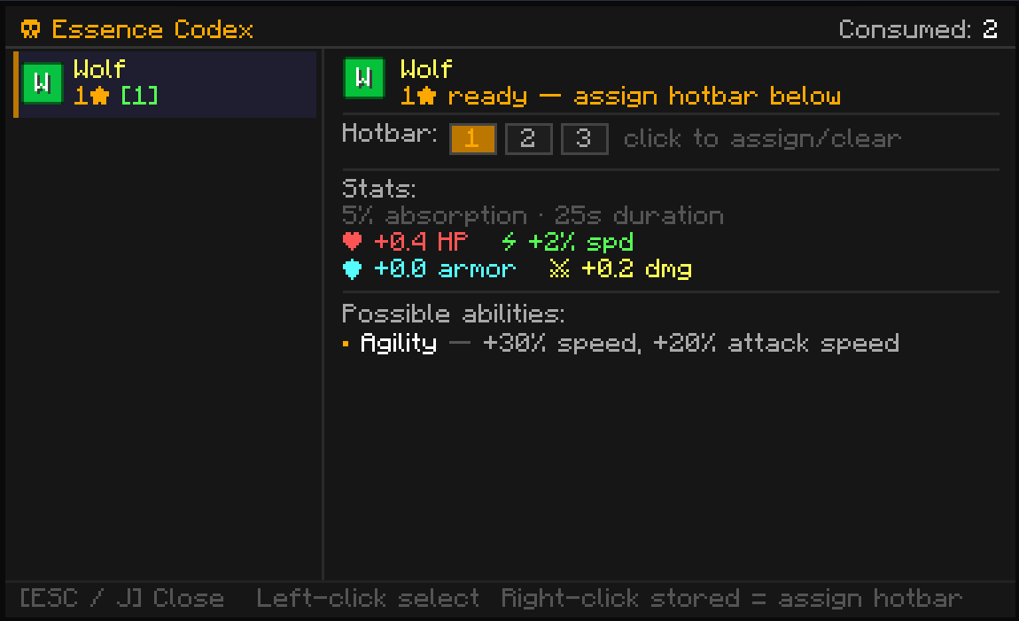 Thumbnail When the unfed kills a mob, they can right click to absorb the mobs essence (one essence per mob to start), but here is where you see the essences, stats, and possible abilities you can get when you activate that essence.