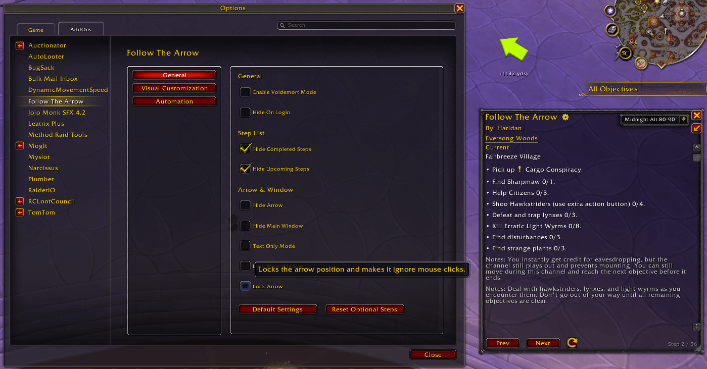 Thumbnail The settings page will be continuously updated with more QoL and automation features, but there's a lot in there already. Some important settings include locking the arrow/main window or hiding completed/upcoming steps on the display.