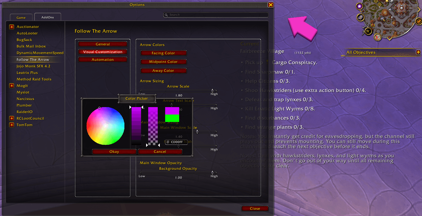 Thumbnail By default, the Arrow will change colors from Red -> Yellow -> Green if you're facing away or towards your objective, respectively. To help colorblind users, you can manually change the colors of the arrow, as well as the scaling.