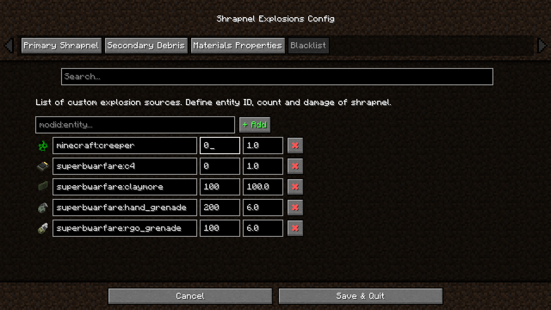 Explosion sources config menu