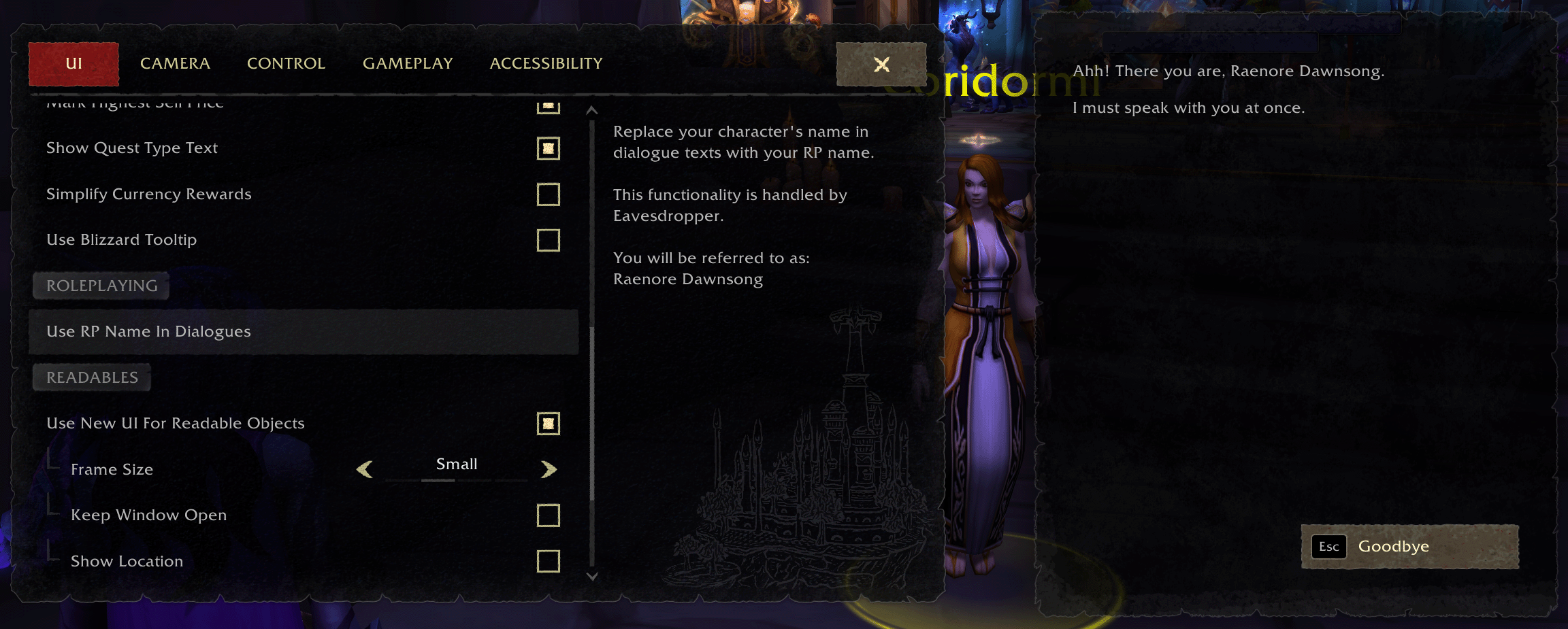 Thumbnail Use your RP name in Quest Text while using Eavesdropper and Dialogue UI together.
