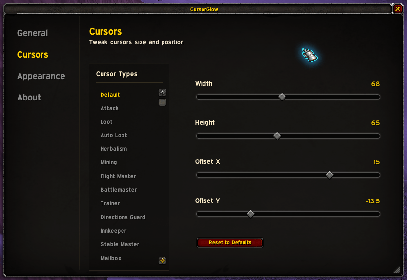 Options window showing the cursors size and positioning section.