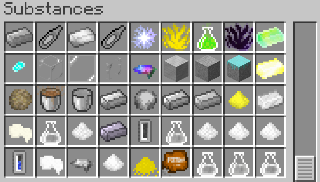 Some of the items found under the substances tab. This includes Banded Steel, Adamantine (Block), Yliaster, Gypsum, Silicon, Cement, Yellow 10, Hydrargyrum, Vinyl, Silicone and other chemicals.