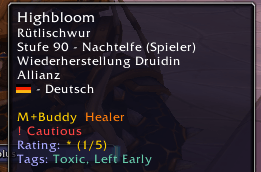 Thumbnail Extended tooltip with M+Buddy player memory: role, rating, tags, and caution status.