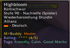 Thumbnail Tooltip with positive M+Buddy player memory: role, rating, and helpful tags at a glance.