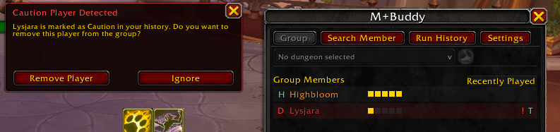 Thumbnail M+Buddy warns you when a caution-marked player joins the group and lets you react immediately.