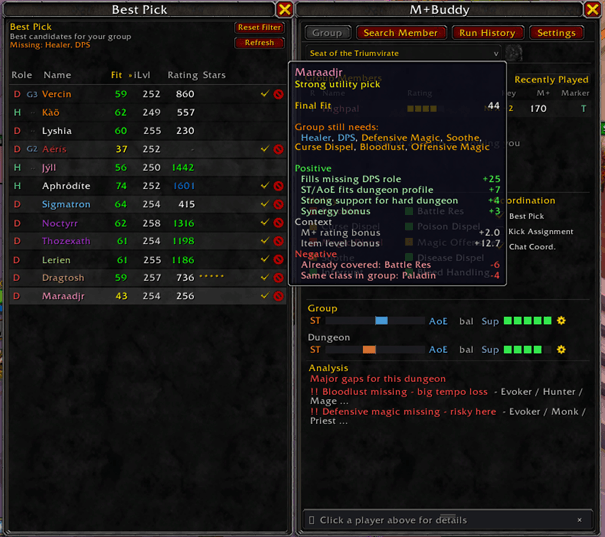 Thumbnail Find the best candidates for your group based on dungeon fit, role needs, utility, and overall synergy. M+Buddy highlights strong picks and shows why they fit.