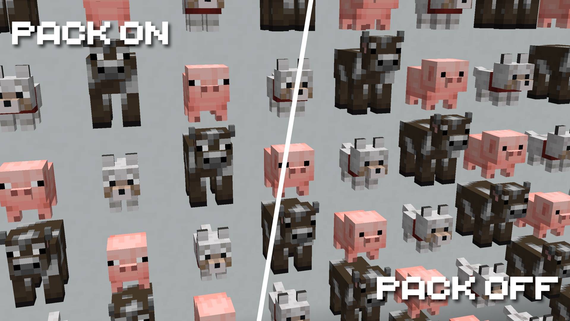 A side by side comparison showing baby wolves and pigs with and without the pack