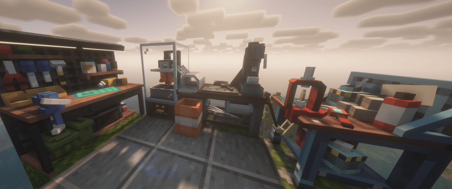 These are the tables you need for guns, the one to the far left is the gun-making-table and the one with glass on it is attachments, the one to the right of the glass one is Melee stuff (grenades too) and finally the ammo bench