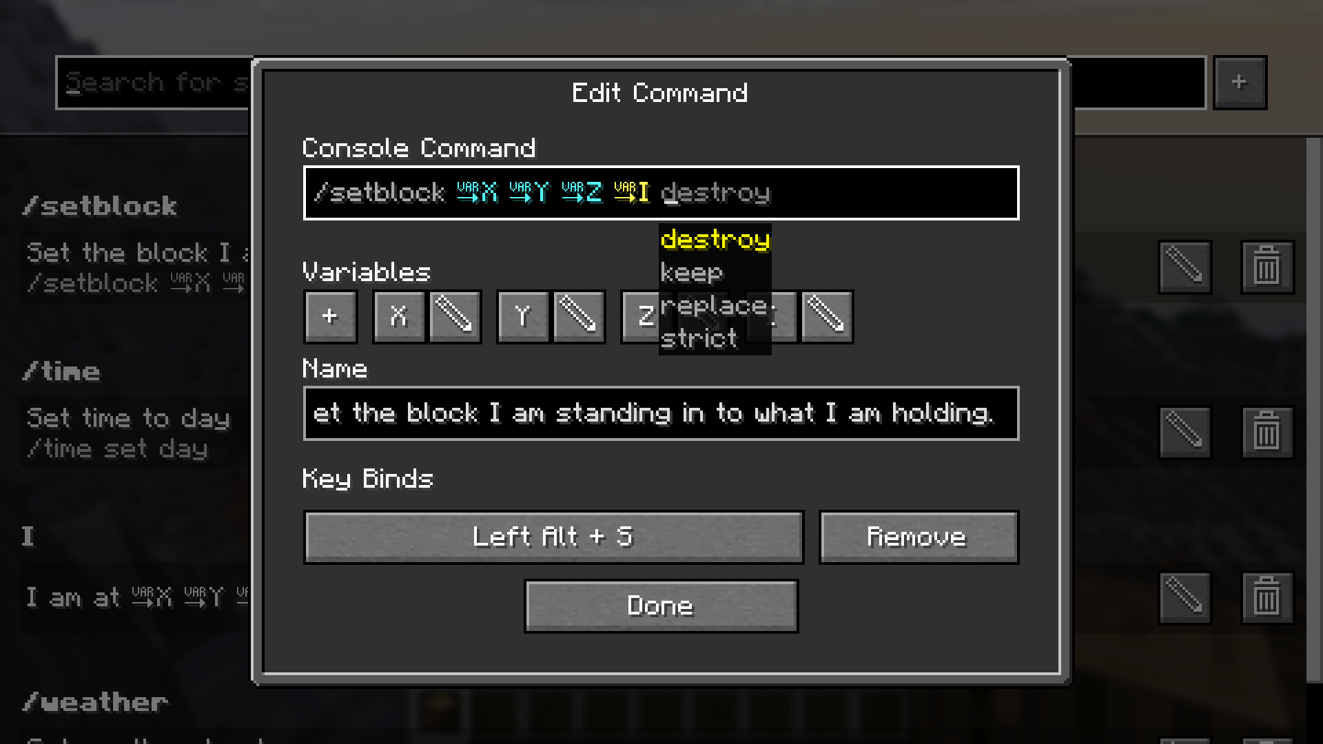 In the edit command screen you can edit the name, command and keybind combination