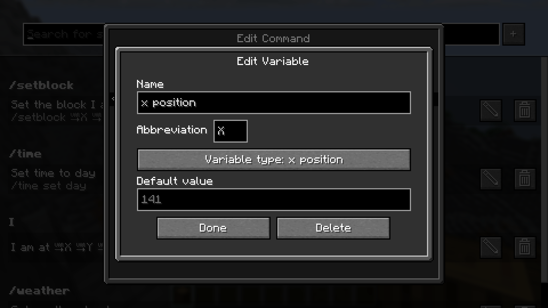 In the edit variable screen you can edit the name, abbreviation, variable type and defult value