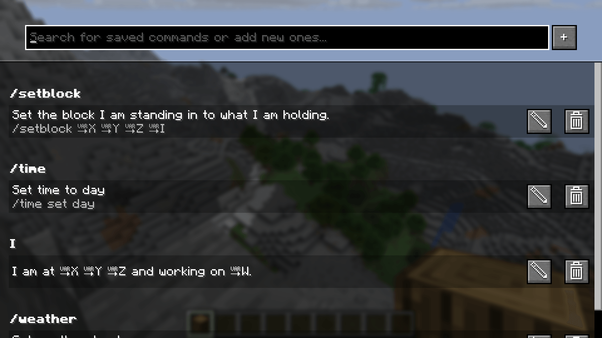 The Saved Commands screen with some example commands