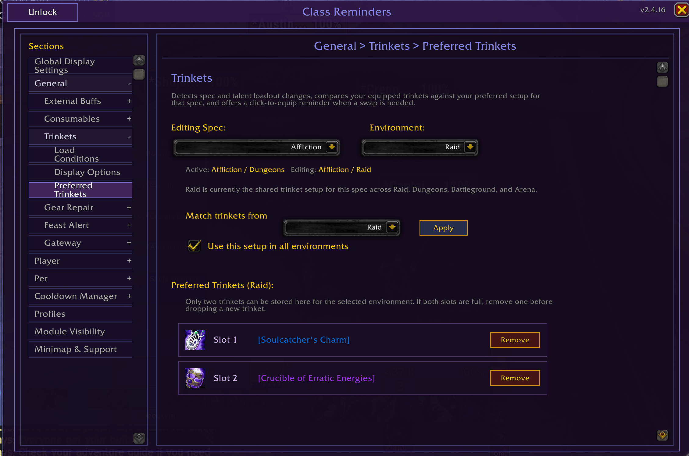 Thumbnail Trinket Reminders menu