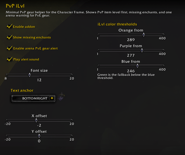 Configuration panel to customize PvP iLvl display, colors, alerts, and positioning.