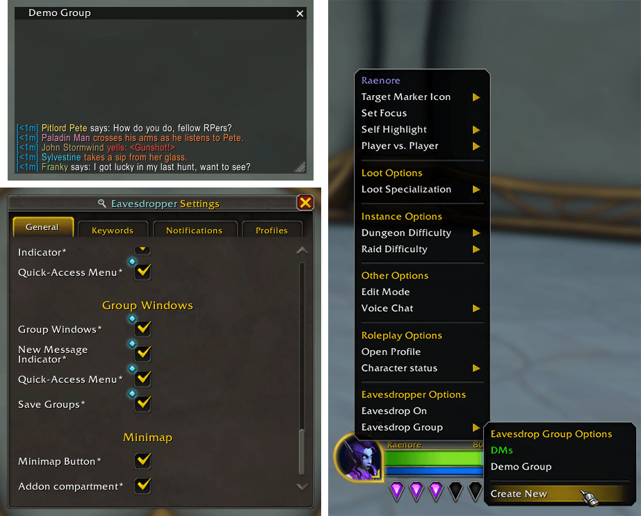 Thumbnail Showcasing everything for Group Windows.
Multiple players can be in a single window.
Customize filters per window.
Right-click unit menu, and chat name, to create/join a window through "Eavesdrop Group".