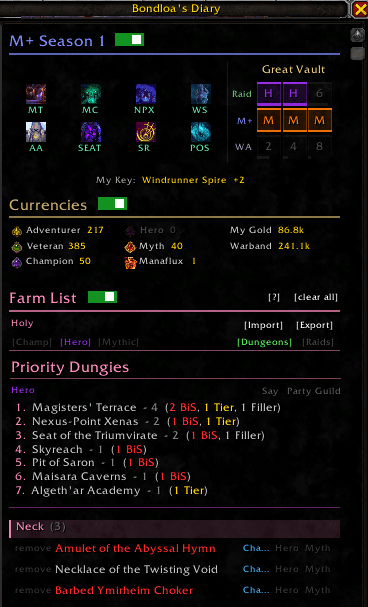 Main window when you open your character screen! Everything can be toggled if you don't need the feature.