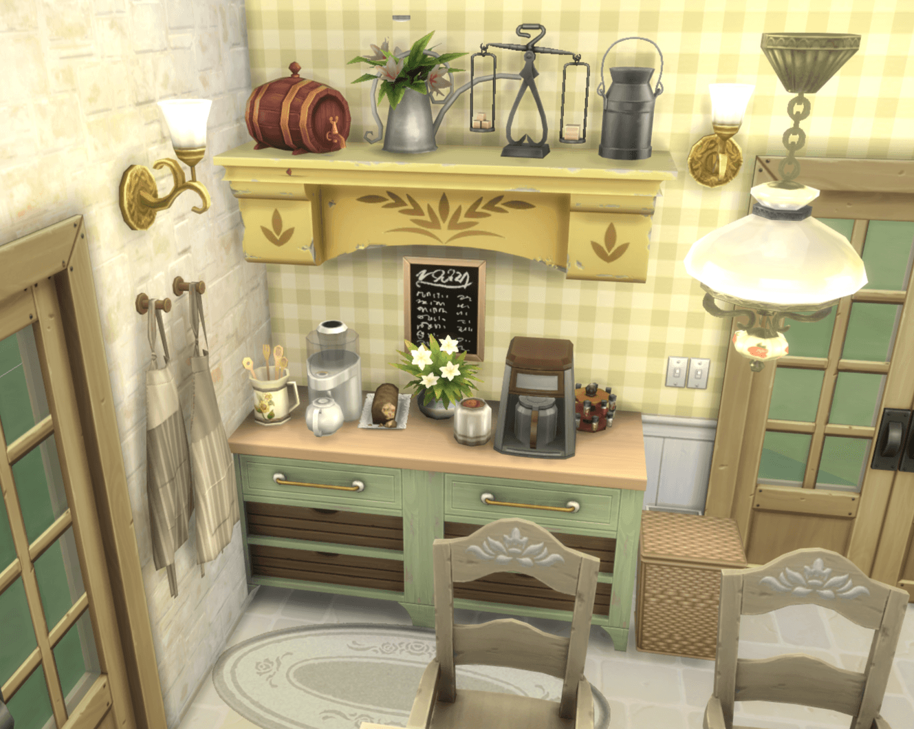 overview of the tea and coffee nook in the kitchen, with tea steeper, coffee maker, cookies, baked goods and spoons!