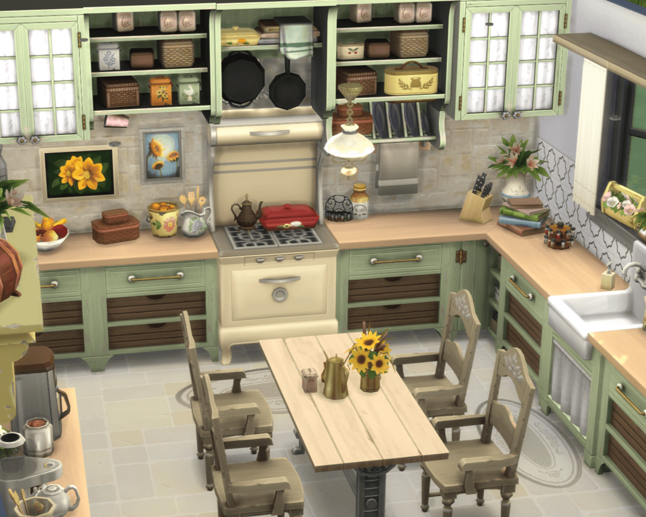 overview of the kitchen, w/cluttered shelves and counters w/fruitbowl, casserole dishes, spices, cookbooks and pans!