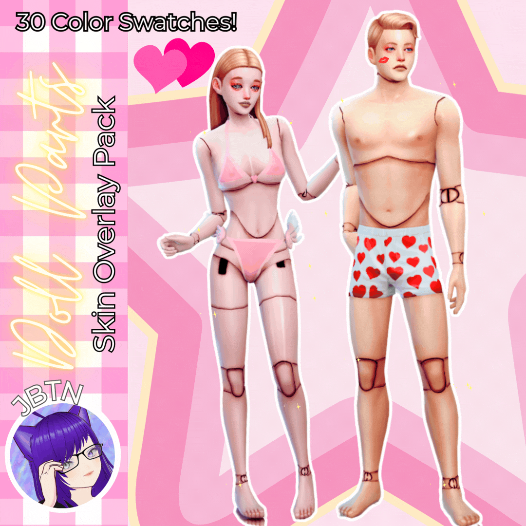 A soft doll‑joint skin overlay to give your Sims a cute, toy‑like look that comes in 30 color swatches!