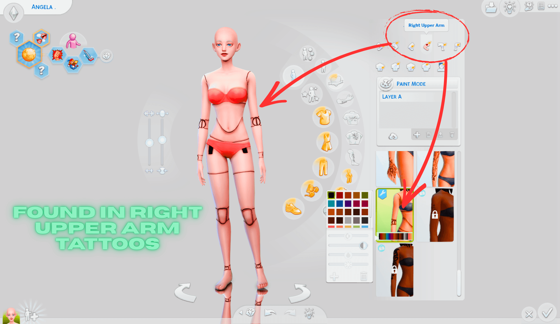 A soft doll‑joint skin overlay to give your Sims a cute, toy‑like look that comes in 30 color swatches! Item can be found under TATTOOS/RIGHT UPPER ARM TATTOOS.