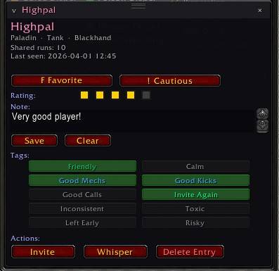 Thumbnail Save notes, assign ratings, mark favorites or caution players, and track useful tags for future groups.