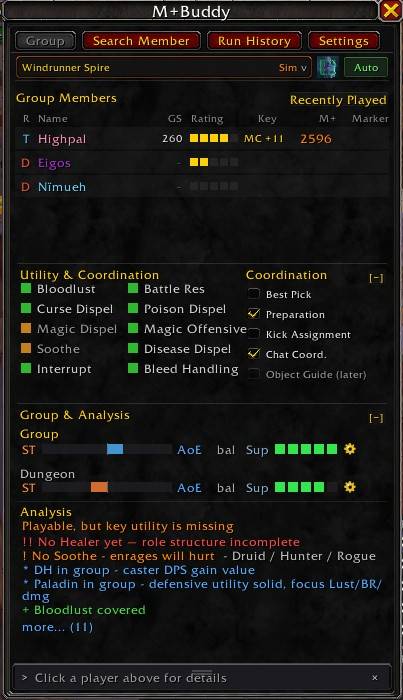 Thumbnail See your current group at a glance, compare it to the selected dungeon, and spot missing utility, strengths, and suggested next picks.