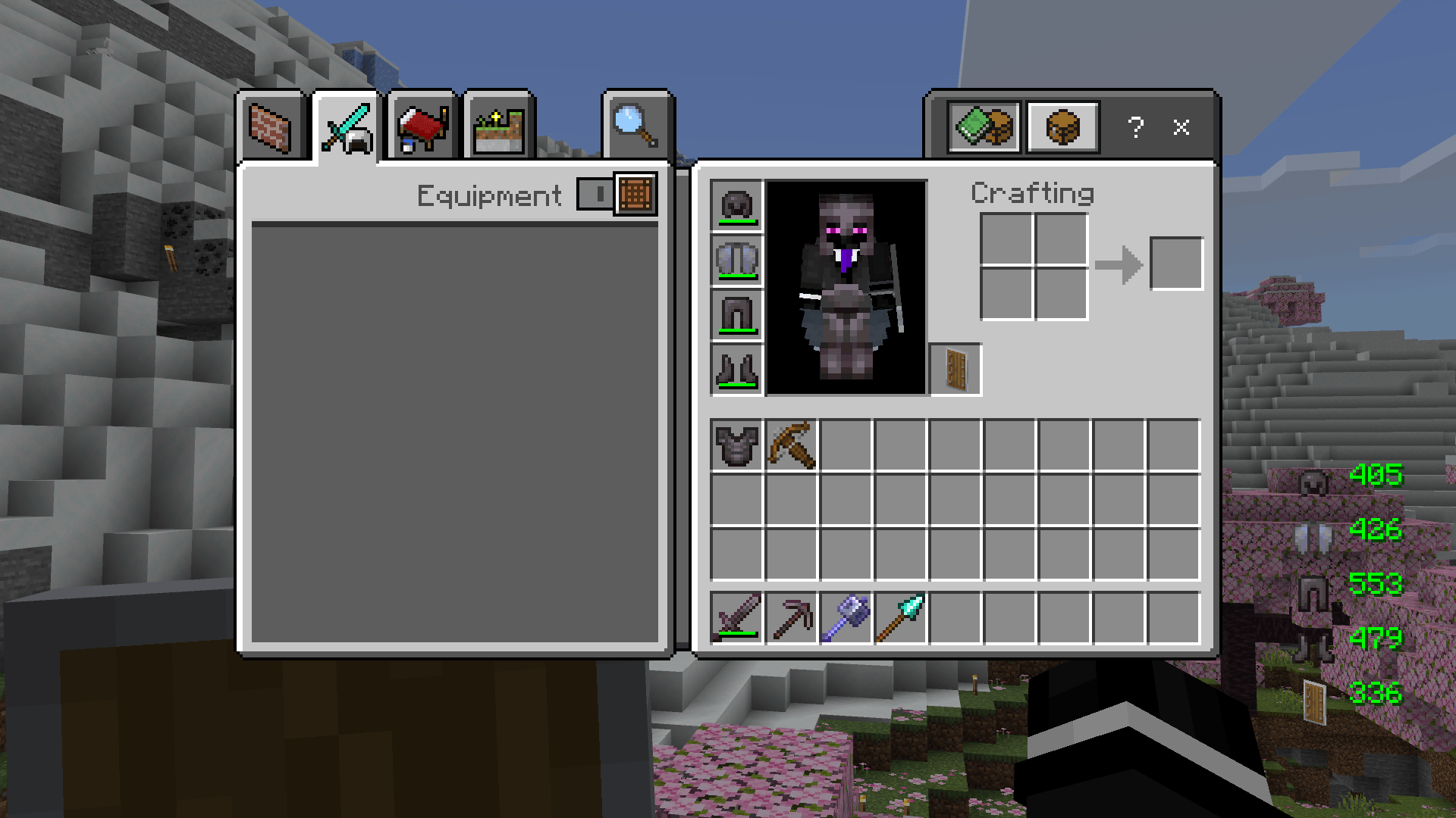 All 4 armor slots + shield durability shown in the bottom-right corner of your inventory.